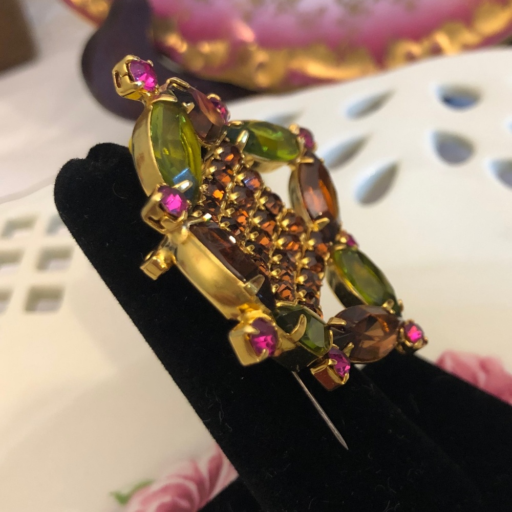 Vintage Green and Pink Rhinestone Brooch - Picture 4 of 4